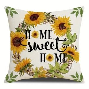 NEW SUNFLOWER FARMHOUSE "HOME SWEET HOME" DECORATIVE LINEN PILLOW COVER 17.7"